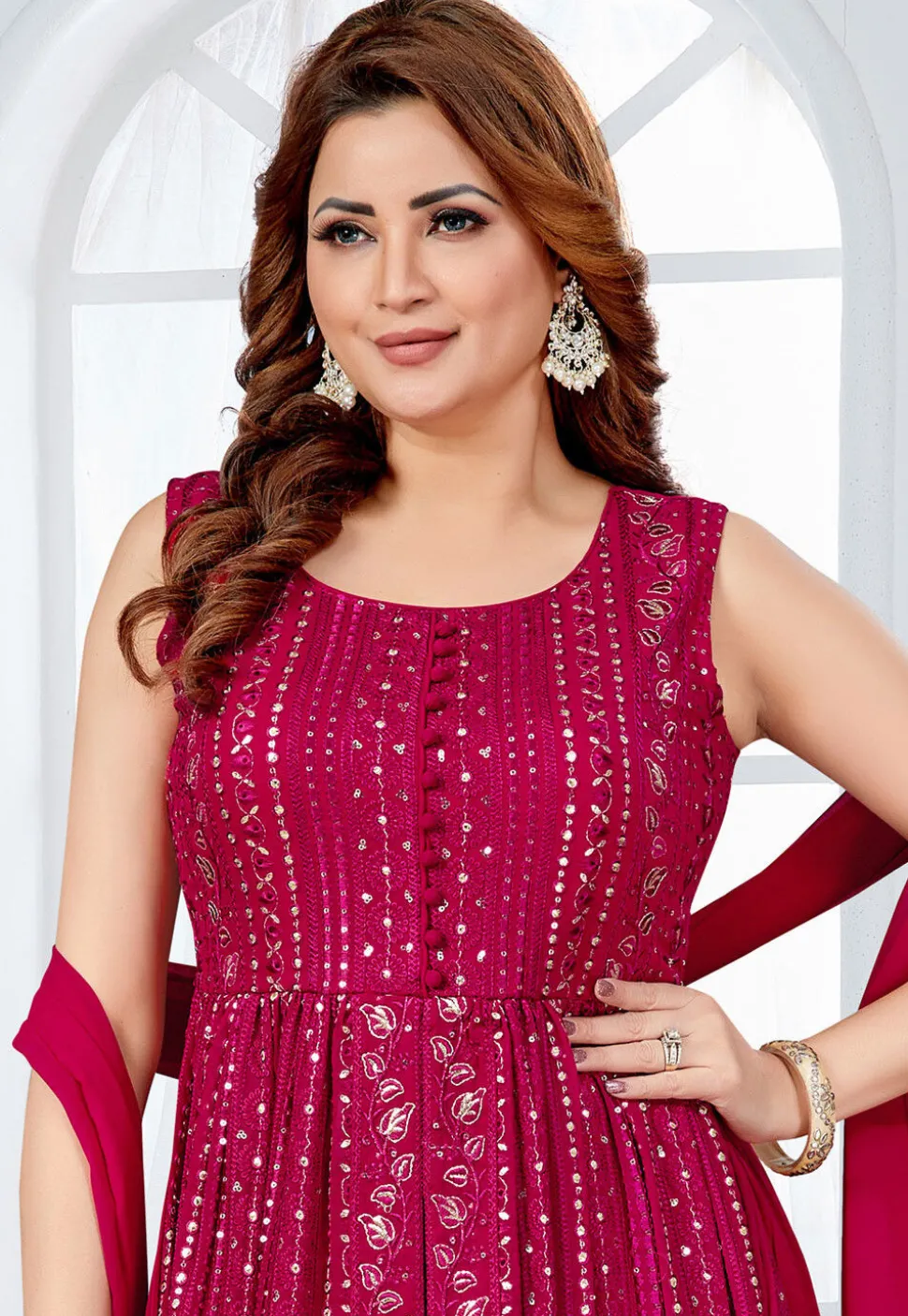 Embroidered Georgette Front Open Pakistani Suit in Fuchsia