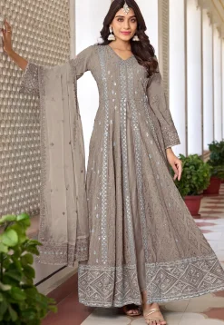 Embroidered Georgette Front Slit Abaya Style Suit in Dusty Peach