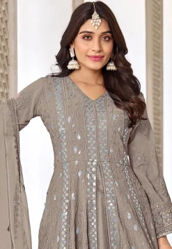 Embroidered Georgette Front Slit Abaya Style Suit in Dusty Peach