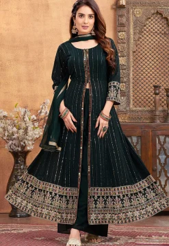 Embroidered Georgette Front Slit Anarkali Suit in Dark Green