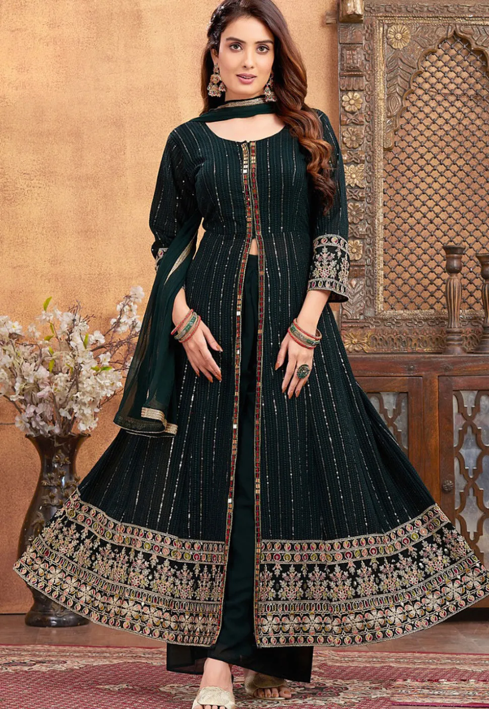 Embroidered Georgette Front Slit Anarkali Suit in Dark Green