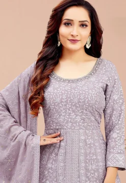 Embroidered Georgette Front Slit Anarkali Suit in Purple