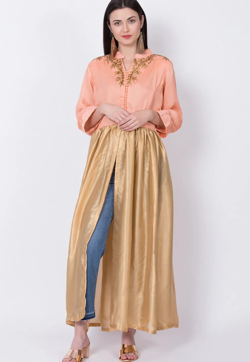Embroidered Georgette Front Slit Kurta in Golden and Peach