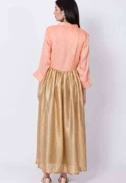 Embroidered Georgette Front Slit Kurta in Golden and Peach
