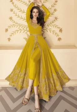 Embroidered Georgette Front Slit Abaya Style Suit in Mustard