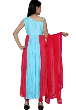 Embroidered Georgette Gathered One Strap Suit in Sky Blue and Pink