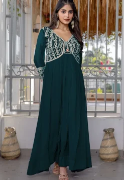Embroidered Georgette Gown in Dark Teal Blue