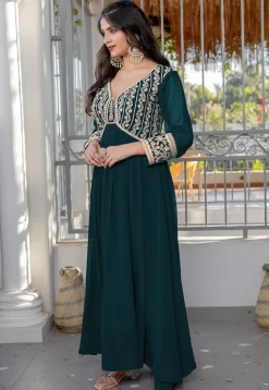 Embroidered Georgette Gown in Dark Teal Blue