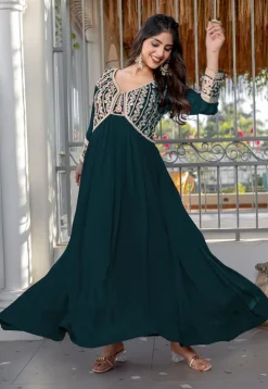 Embroidered Georgette Gown in Dark Teal Blue
