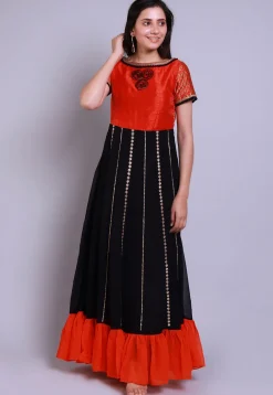 Embroidered Georgette Gown in Black and Orange