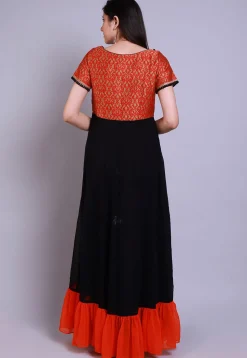 Embroidered Georgette Gown in Black and Orange