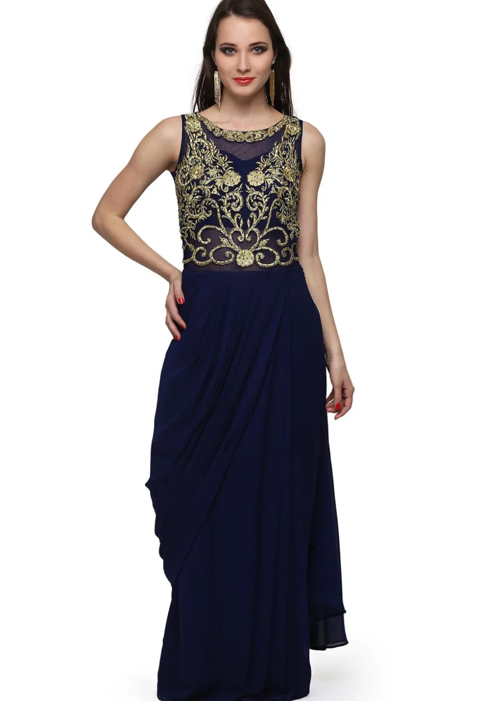 Embroidered Georgette Gown with attached Dupatta in Navy Blue