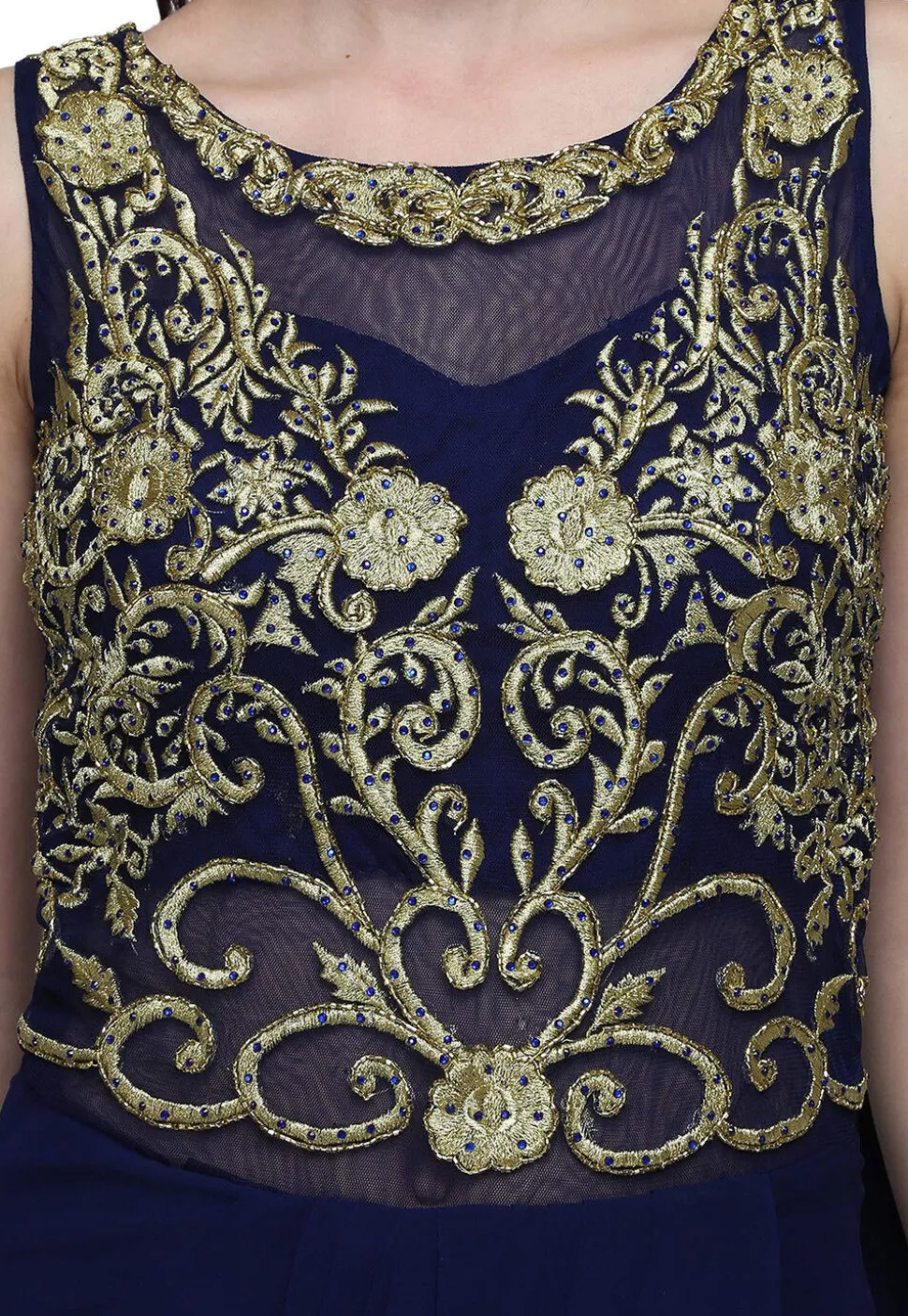 Embroidered Georgette Gown with attached Dupatta in Navy Blue