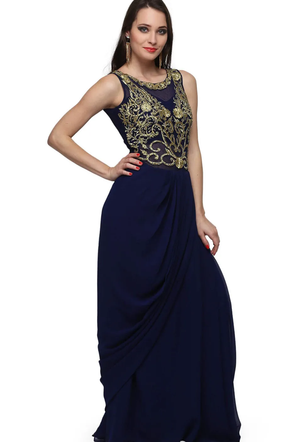 Embroidered Georgette Gown with attached Dupatta in Navy Blue