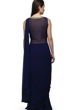 Embroidered Georgette Gown with attached Dupatta in Navy Blue