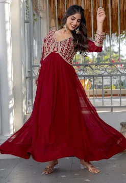 Embroidered Georgette Gown in Maroon
