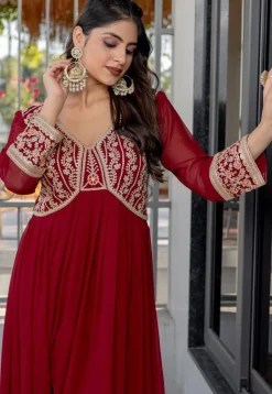 Embroidered Georgette Gown in Maroon