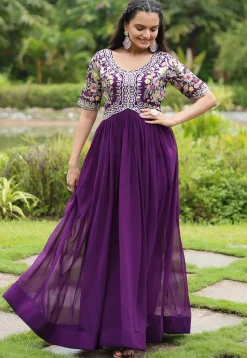 Embroidered Georgette Gown in Purple
