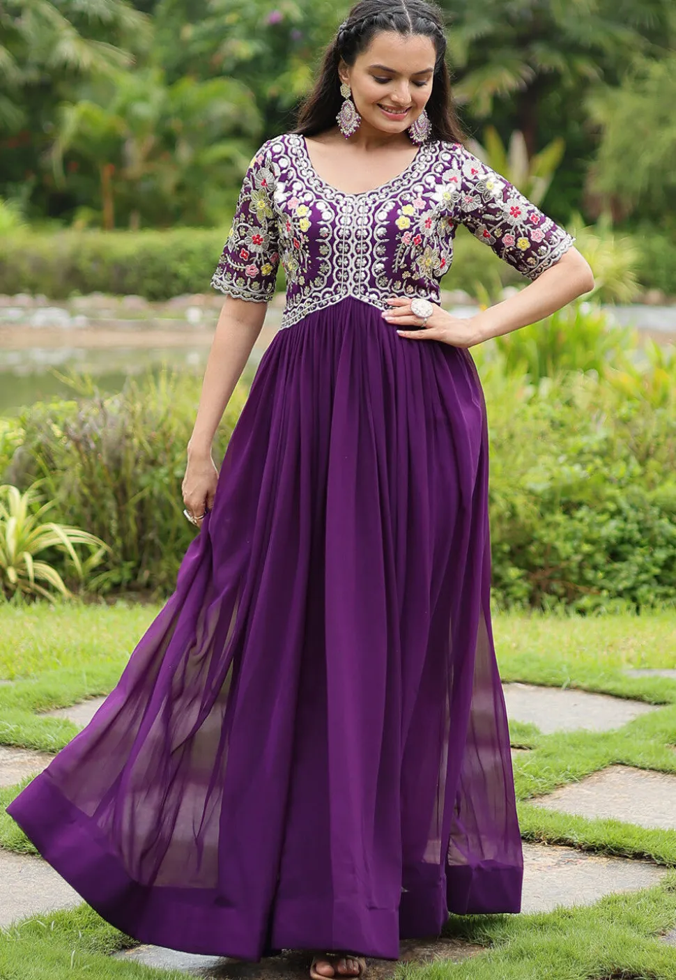 Embroidered Georgette Gown in Purple