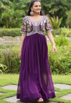 Embroidered Georgette Gown in Purple