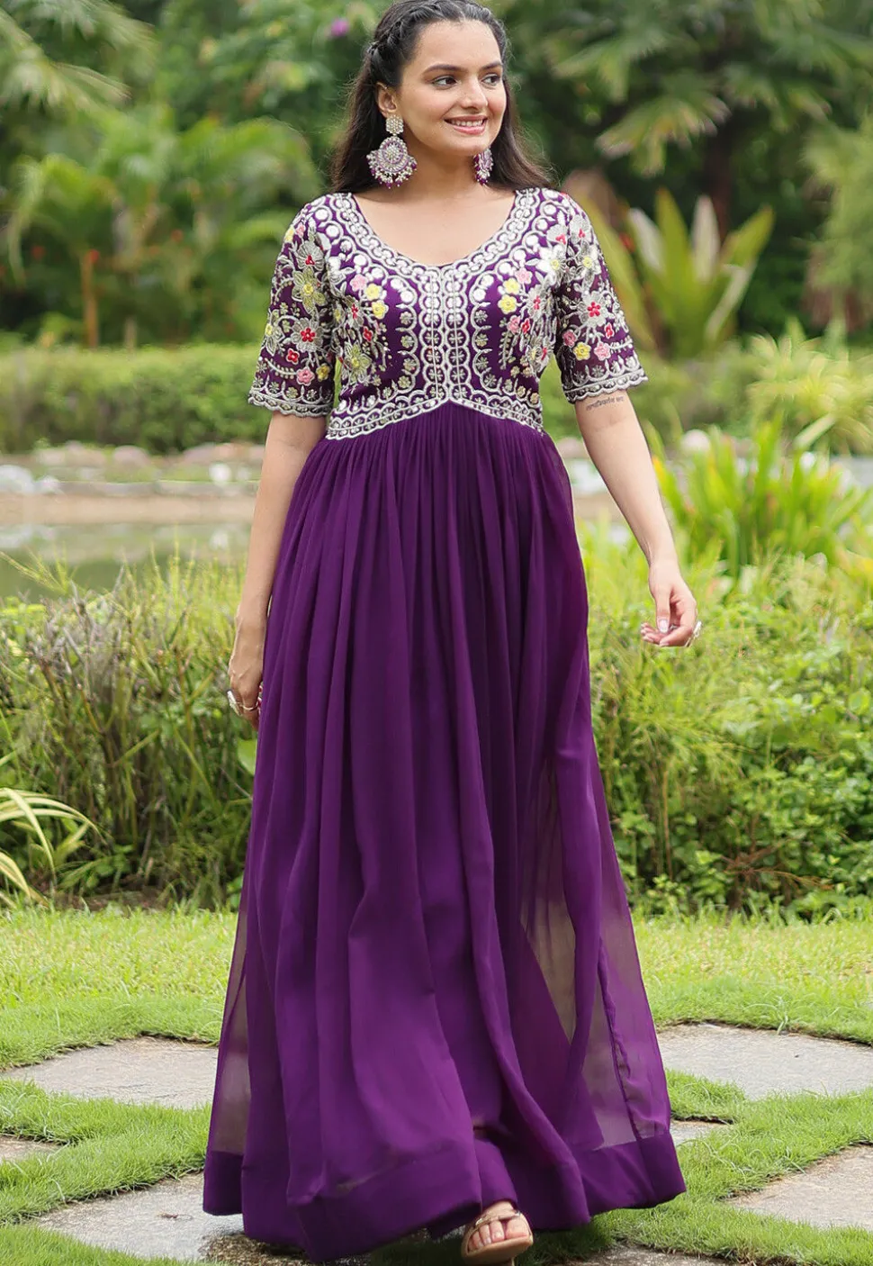 Embroidered Georgette Gown in Purple