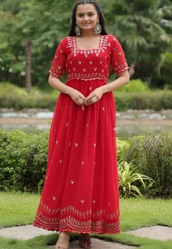 Embroidered Georgette Gown in Red