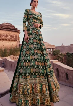 Embroidered Georgette Gown in Dark Teal Green