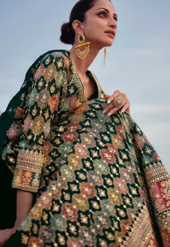 Embroidered Georgette Gown in Dark Teal Green