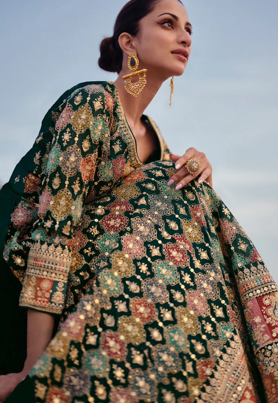 Embroidered Georgette Gown in Dark Teal Green