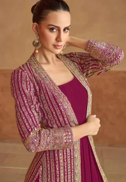 Embroidered Georgette Gown with Jacket in Pink