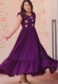 Embroidered Georgette Gown in Purple