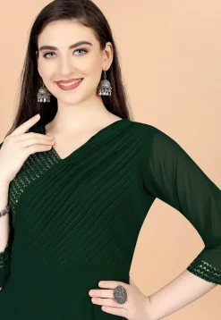Embroidered Georgette Gown in Dark Green