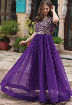 Embroidered Georgette Gown in Purple