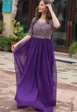 Embroidered Georgette Gown in Purple
