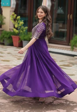 Embroidered Georgette Gown in Purple