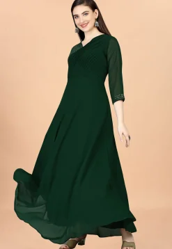 Embroidered Georgette Gown in Dark Green