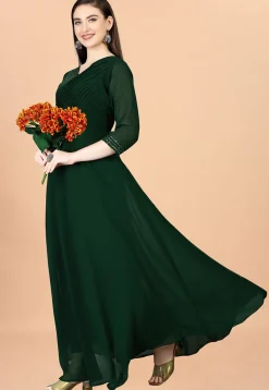 Embroidered Georgette Gown in Dark Green