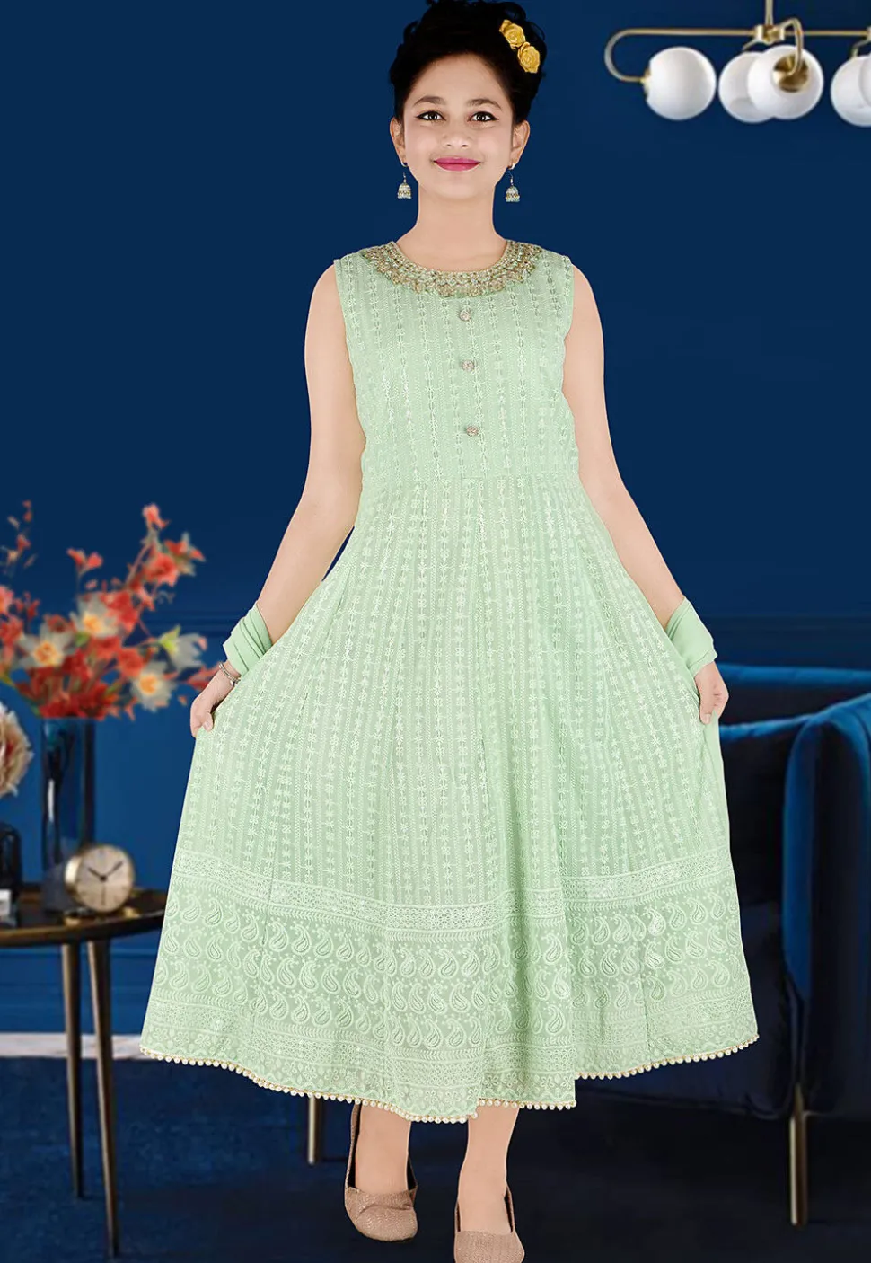 Embroidered Georgette Gown in Light Green