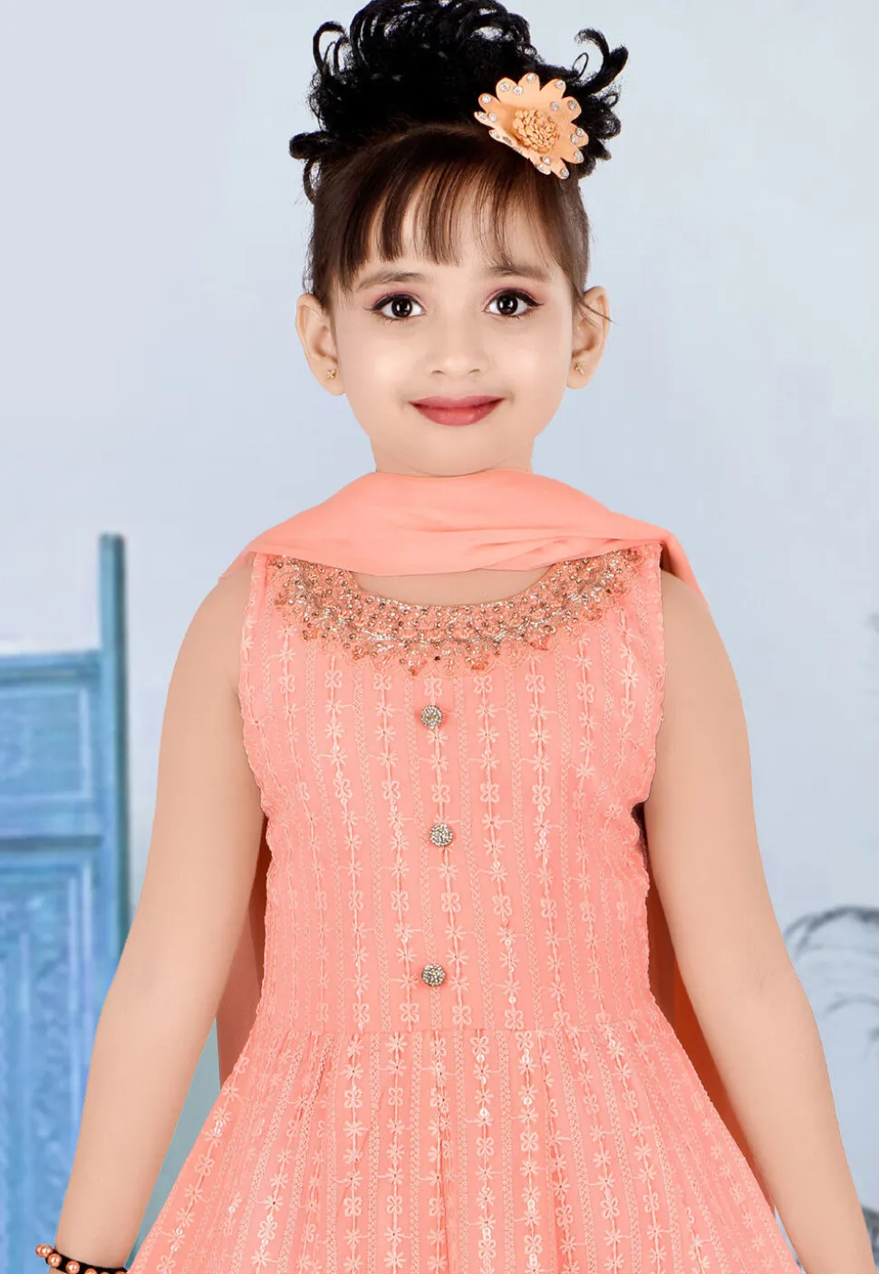 Embroidered Georgette Gown in Peach