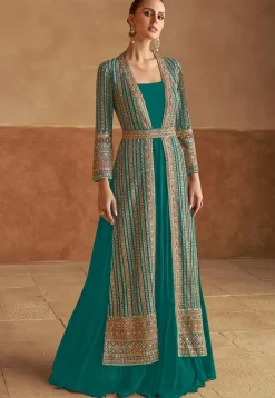 Embroidered Georgette Gown with Jacket in Teal Green