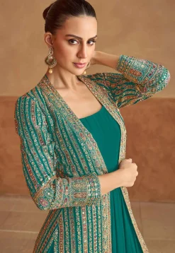 Embroidered Georgette Gown with Jacket in Teal Green
