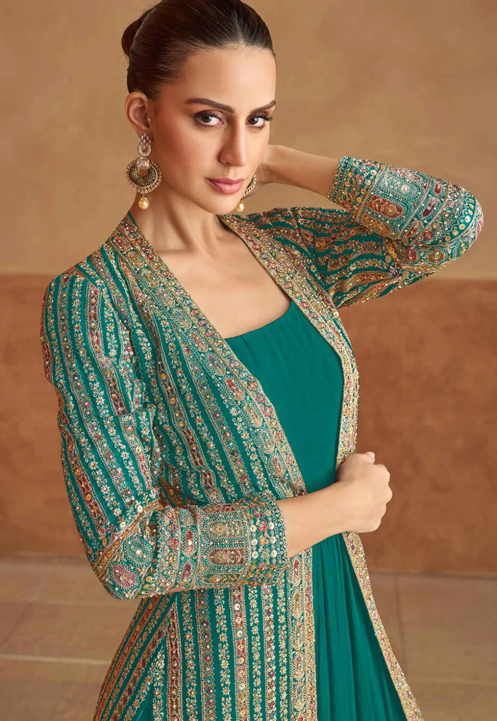 Embroidered Georgette Gown with Jacket in Teal Green