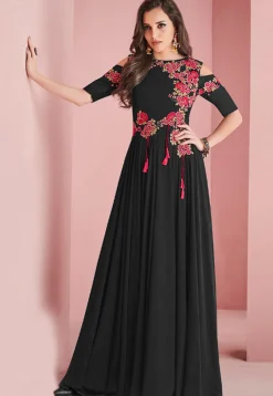 Embroidered Georgette Gown Black