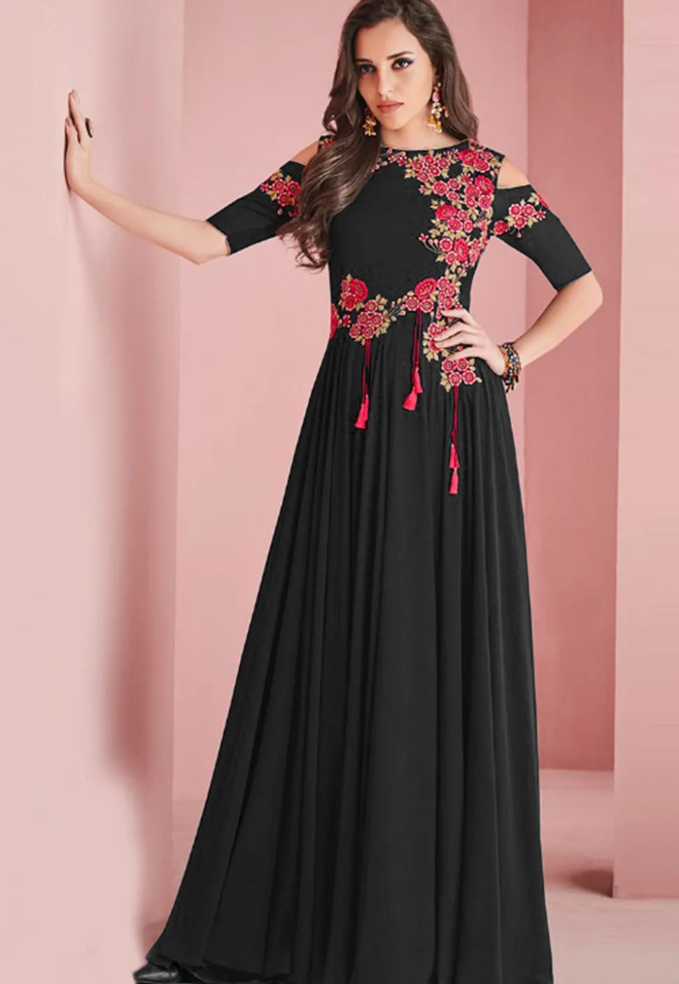 Embroidered Georgette Gown Black