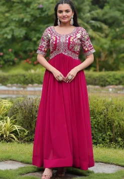 Embroidered Georgette Gown in Fuchsia