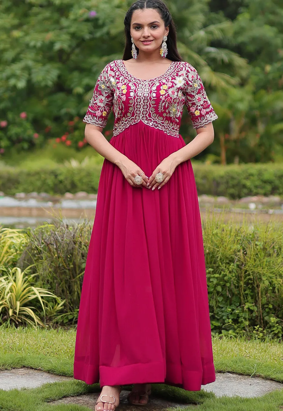 Embroidered Georgette Gown in Fuchsia