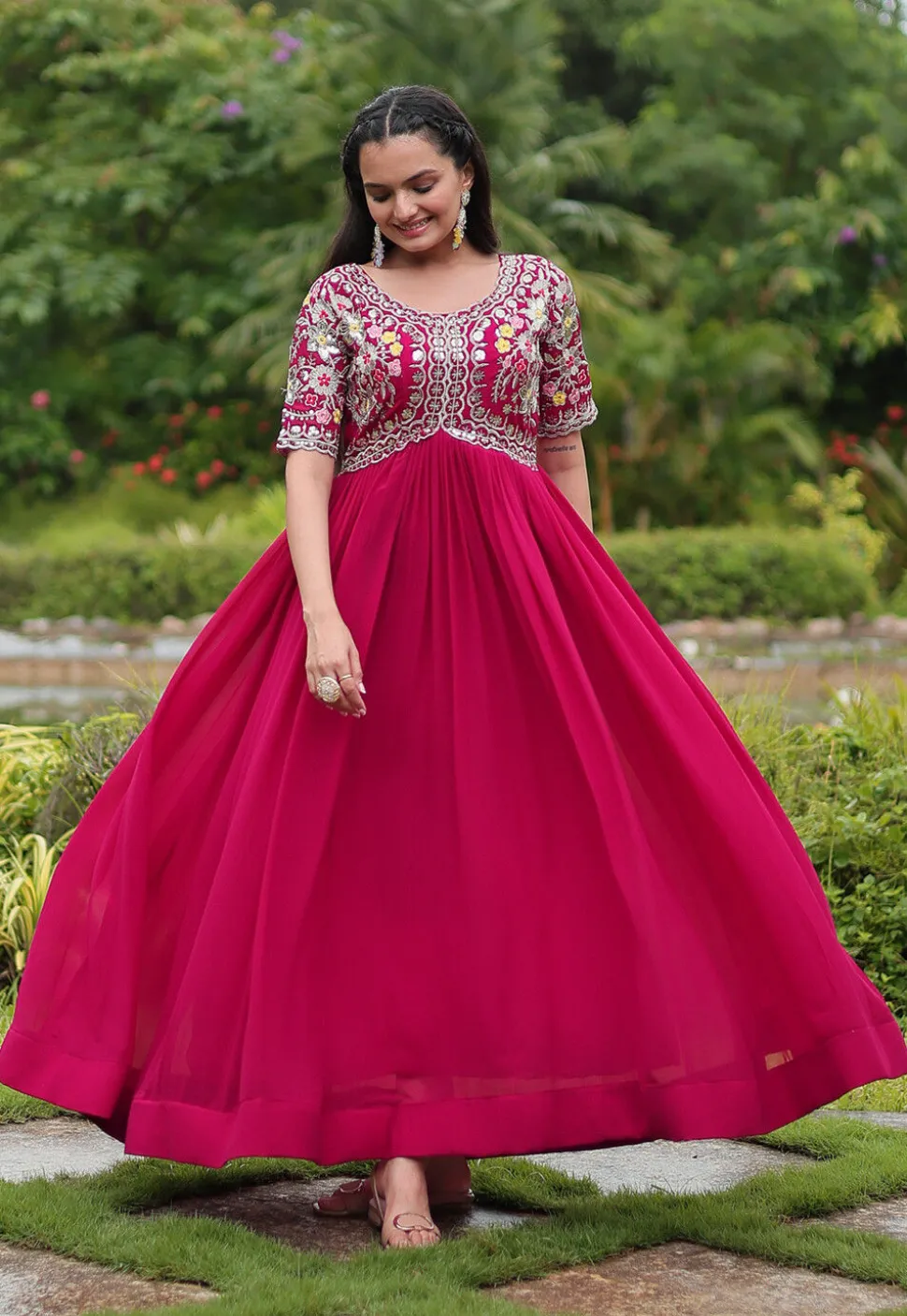 Embroidered Georgette Gown in Fuchsia