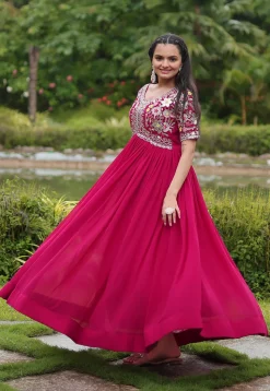 Embroidered Georgette Gown in Fuchsia