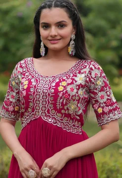Embroidered Georgette Gown in Fuchsia