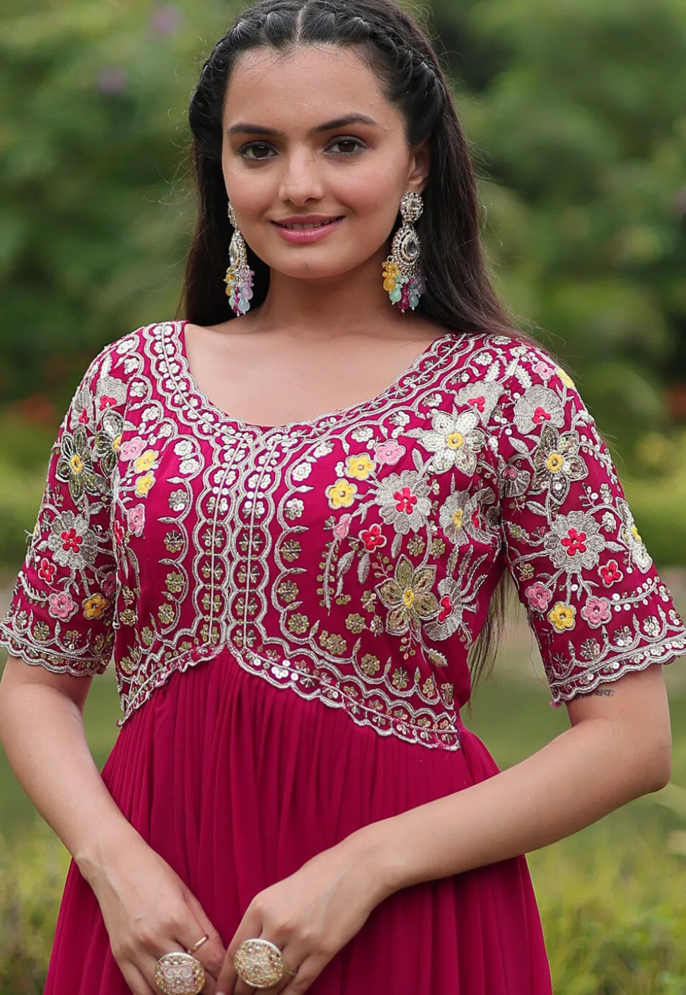 Embroidered Georgette Gown in Fuchsia
